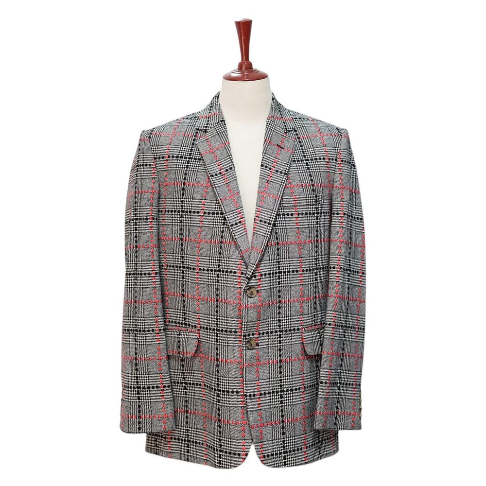 Mens Wool Sport Coat 44R Black White Glen Plaid Red Windowpane Blazer Wedding
